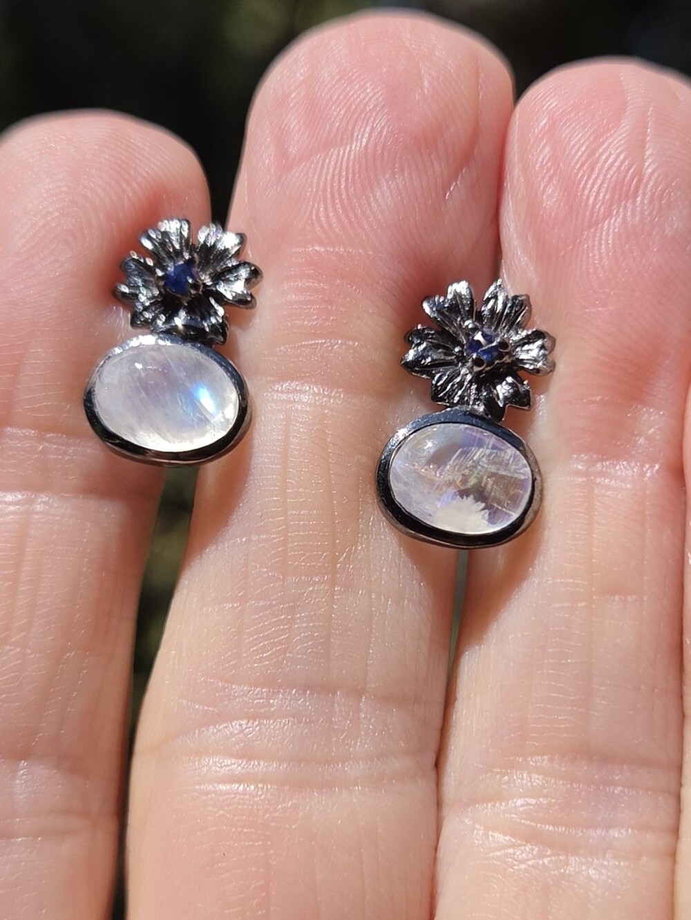 Moonstone 4k & Sapphire Sterling&Rhodium Floral Drop Earrings - Picture 3 of 9